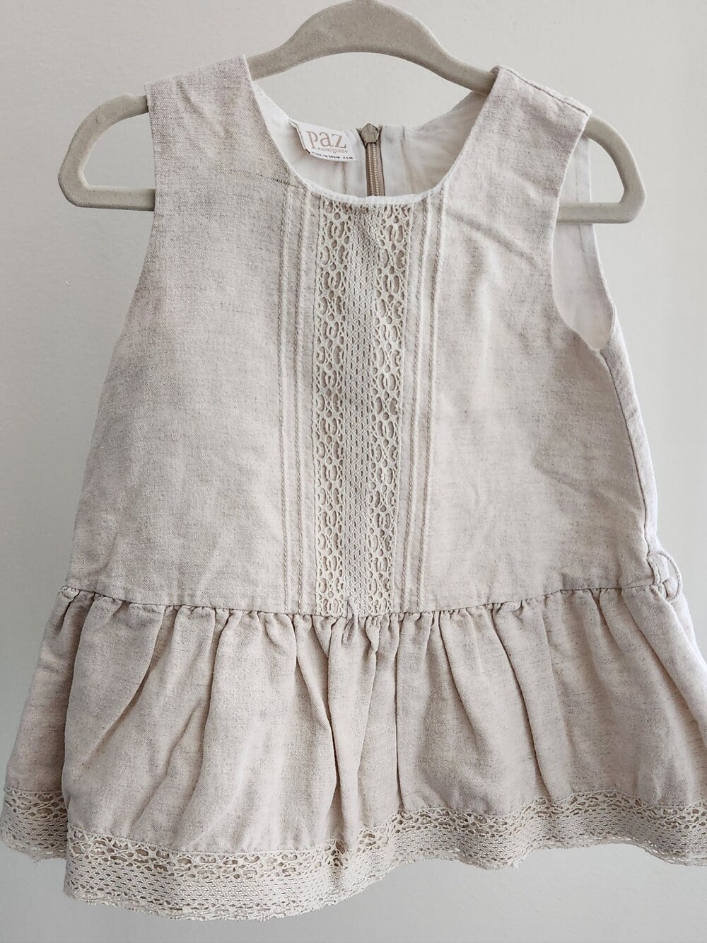Paz Cotton Lace-Trim Sleeveless Dress in Light Beige